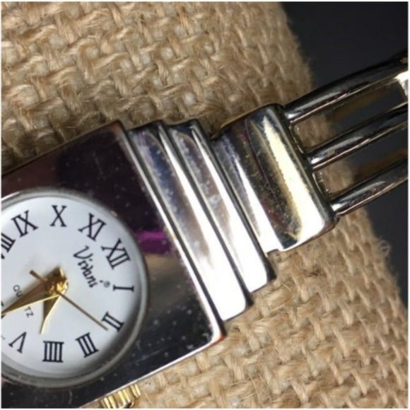 Vivani Ladies Art Deco Watch As Is Hinged Silver Gold Quartz Stainless Steel
